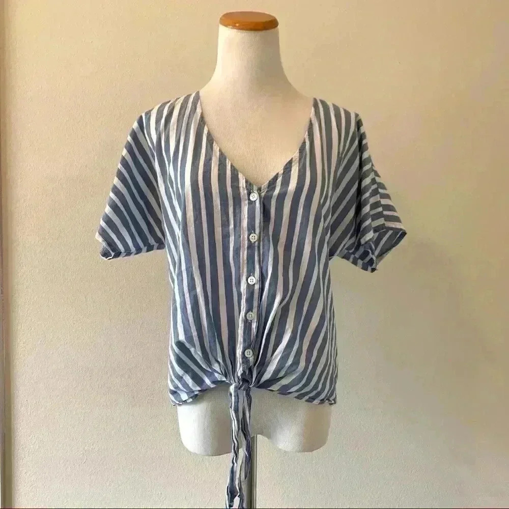 Charolette Russe blue and white striped button up tee with tie